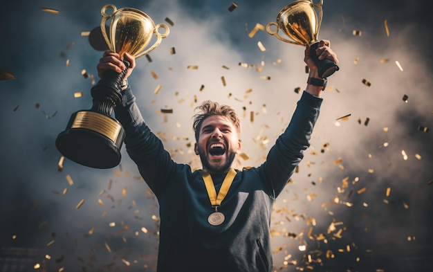 Homem segurando uma taça de troféu de ouro