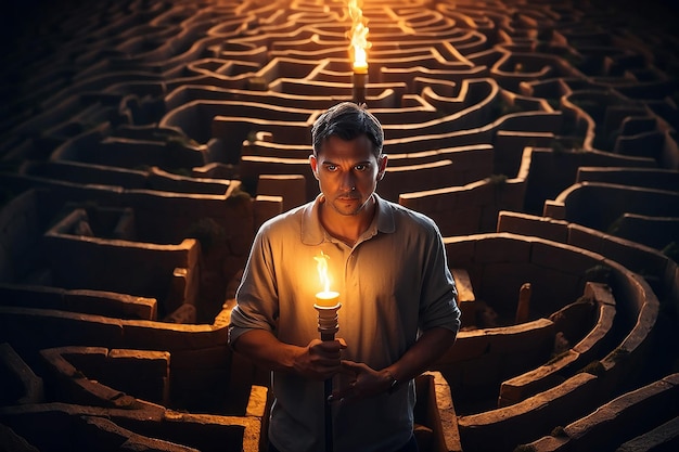 Foto homem segurando uma tocha no meio de um labirinto misterioso