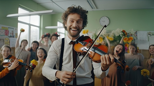 Homem segurando violino na frente de um grupo de pessoas