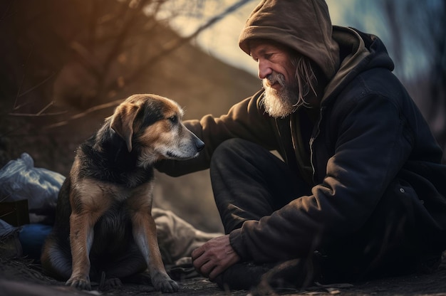 Homem sem-abrigo com cão sem-abrigo Velho triste que vive na pobreza da rua com o seu animal de estimação