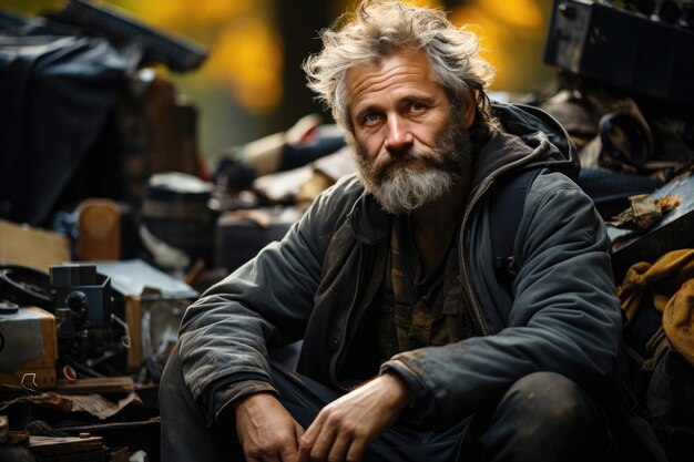 Homem sem-abrigo de 60 anos sentado na rua com uma pilha de lixo infeliz implorando ajuda e dinheiro Problemas das grandes cidades modernas