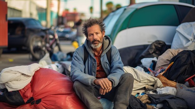 Homem sem-abrigo numa rua da cidade