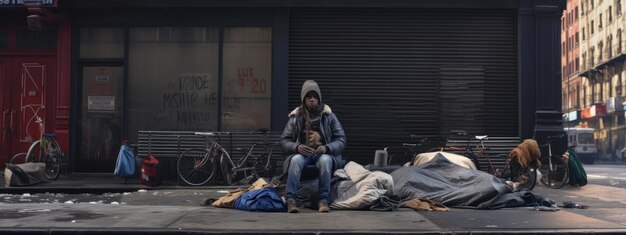 Foto homem sem-abrigo numa rua da cidade