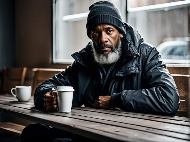 Homem sem-abrigo sentado à mesa e bebendo café no abrigo Pobreza miséria falência financeira