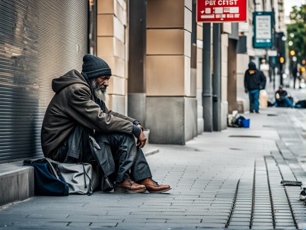 Homem sem-abrigo sentado à mesa e bebendo café no abrigo Pobreza miséria falência financeira