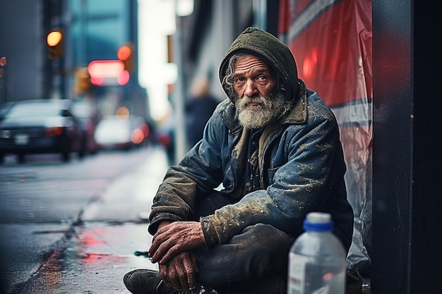 Foto homem sem-abrigo sentado na rua