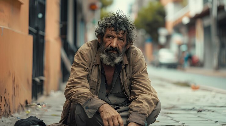 Foto homem sem-abrigo sentado sozinho na calçada de um beco urbano contemplando os desafios da vida