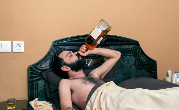 Foto homem sem camisa a beber uísque na cama em casa.