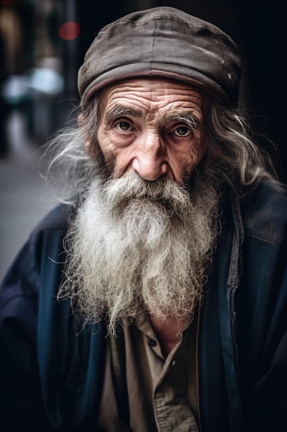 Homem sem teto e implorando retrato em Columbus NYC com sinal de dinheiro ou ajuda