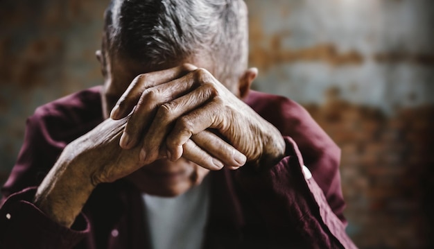 Foto homem sênior cobrindo o rosto com as mãos depressão e ansiedade copiar espaço