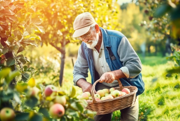 Homem sênior colhendo maçãs maduras na cesta Agricultor masculino colhendo temporada de frutas Gerar ai