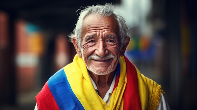 Homem sênior colombiano alegre com bandeira nacional