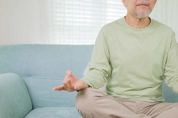 Homem sênior com avô sênior de ioga fazendo ioga na sala de estar