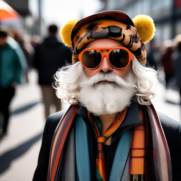 homem sênior com barba vestindo casaco elegante e óculos de sol e chapéu com lenço de pé na rua