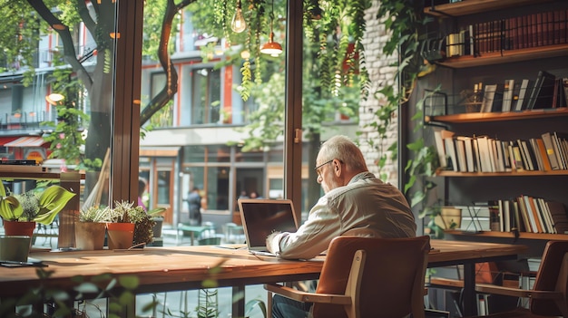 Homem sênior confiante a trabalhar num portátil num café.