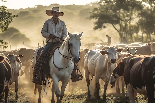 Homem sênior de retrato com chapéu de cowboy andando a cavalo na trilha da montanha Rede neural gerada por IA