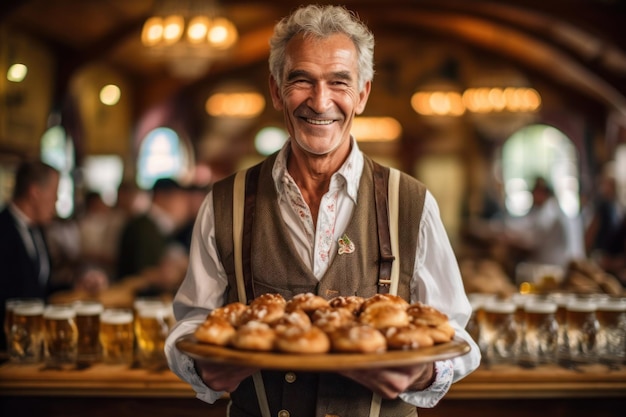 Homem sênior do Oktoberfest segurando cerveja e comida generativa ai