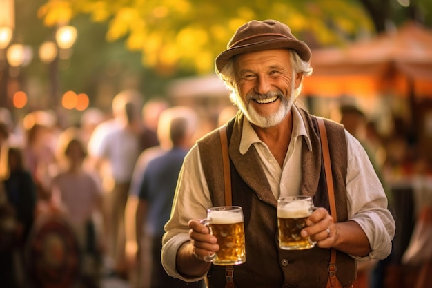 Homem sênior do Oktoberfest segurando cerveja generativa ai