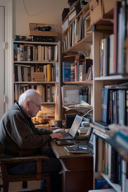 Homem Sénior em Um Pequeno Escritório Doméstico