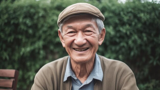 Homem sênior escandinavo sorridente sentado no jardim olhando para a câmera sorrindo Generative AI AIG20