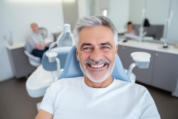 Foto homem sênior feliz e surpreso expressão em uma clínica de dentista