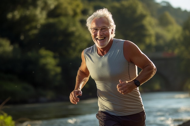 Homem sênior saudável correndo à beira do rio durante o dia