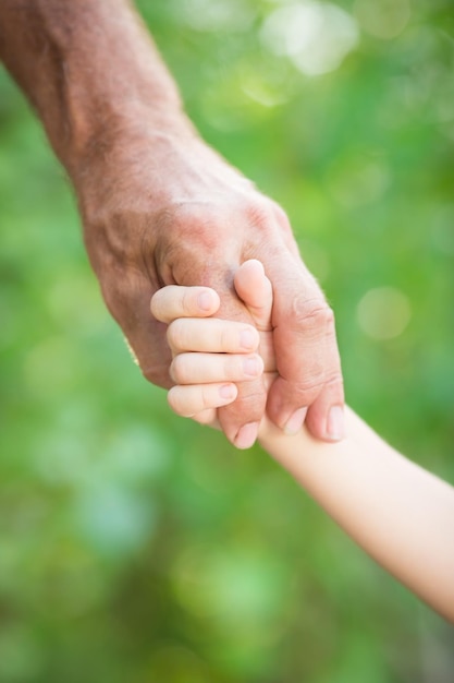 Homem sênior segurando bebê pelas mãos ao ar livre