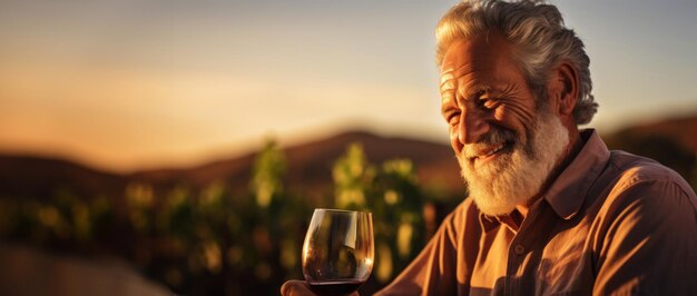 Foto homem sênior sorridente com um copo de vinho fundo borrado de vinha em um pôr-do-sol ia generativa