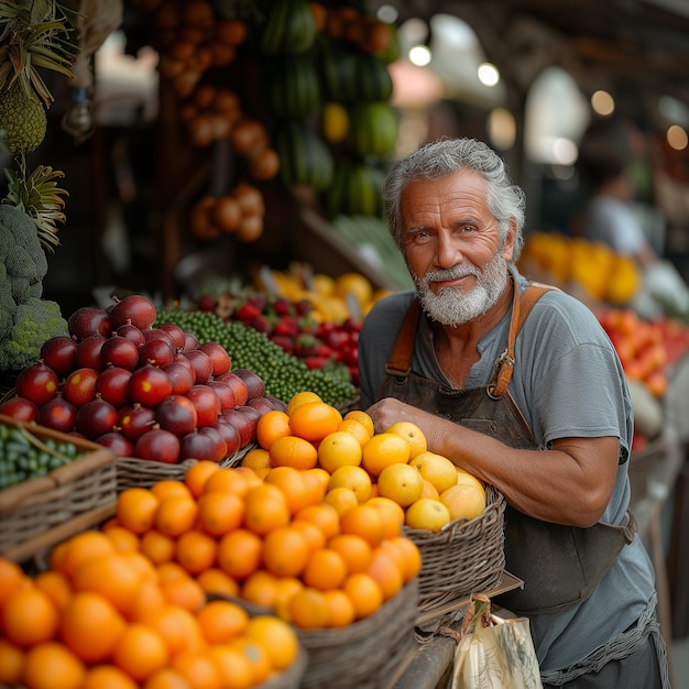 Homem sênior sorridente vendedor de mercado de frutas barraca variedade de produtos frescos retrato de vendedor do mercado ao ar livre