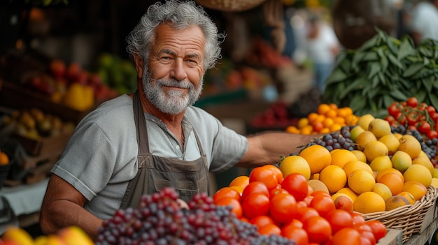 Homem sênior sorridente vendedor de mercado de frutas barraca variedade de produtos frescos retrato de vendedor do mercado ao ar livre