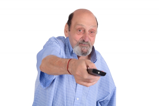 Foto homem sênior, tv assistindo, com, controle remoto