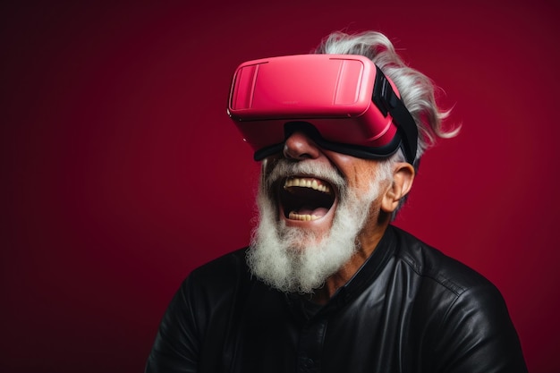 Homem sênior usando fone de ouvido VR experiência que desperta admiração e alegria Generative AI