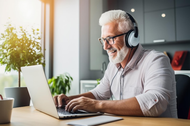Homem sênior usando fones de ouvido e usando um laptop como meio de aprendizagemImagem do conceito na edição on-line