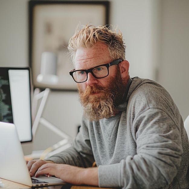 Homem sentado à mesa com um computador portátil