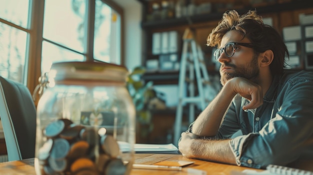 Homem sentado à mesa em frente a um pote de moedas dinheiro Último dinheiro do cofrinho crise financeira cálculo de despesas familiares Período difícil da vida