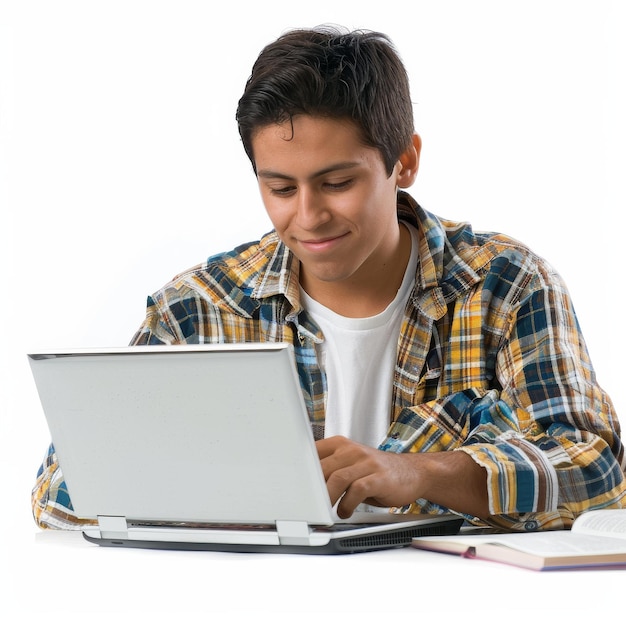 Homem sentado à mesa usando computador portátil