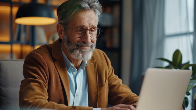 Foto homem sentado à mesa usando computador portátil