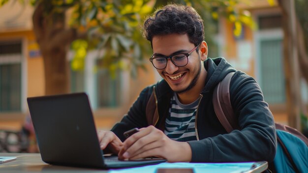 Homem sentado à mesa usando computador portátil