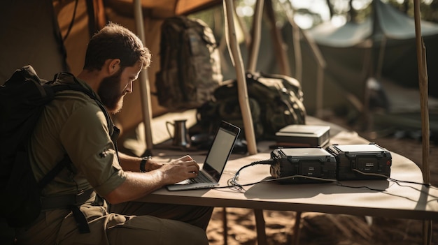 Foto homem sentado à mesa usando tablet