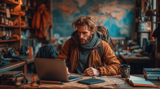 Homem sentado à mesa usando um computador portátil