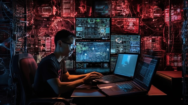 Homem sentado com laptop no laboratório secreto Hacker enviando o vírus IA gerada