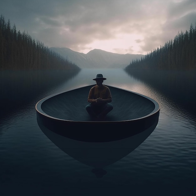 homem sentado dentro de um barco em forma de chapéu em um lago IA generativa