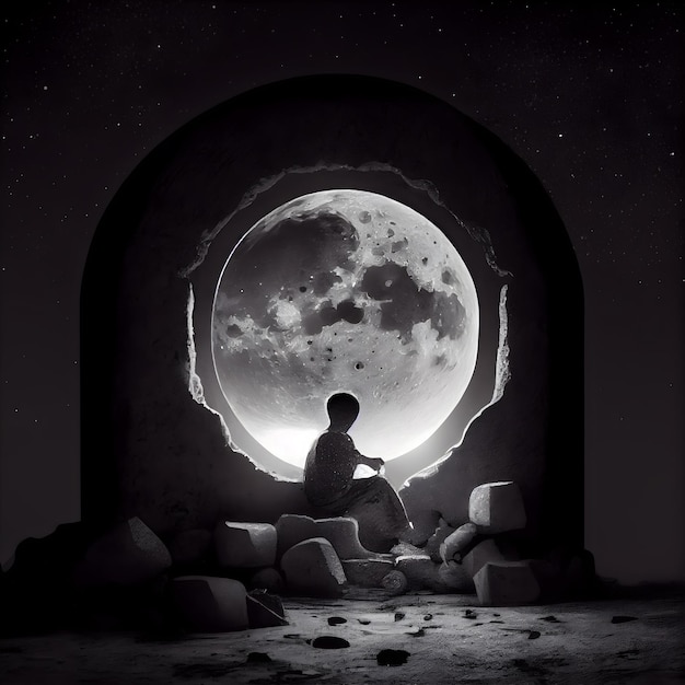 Homem sentado em frente à lua em um quarto escuro à noite