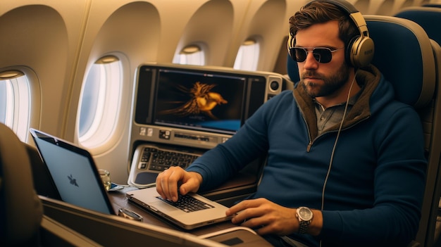 Homem sentado em um avião usando um laptop