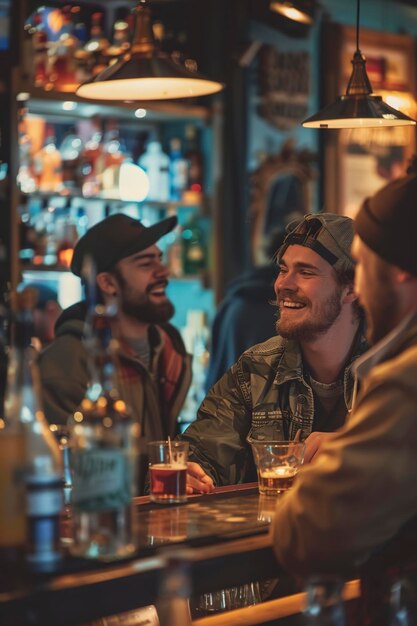 Foto homem sentado em um bar com uma cerveja na frente dele falando com outros jovens