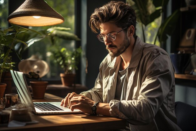 Foto homem sentado em um laptop em uma sala