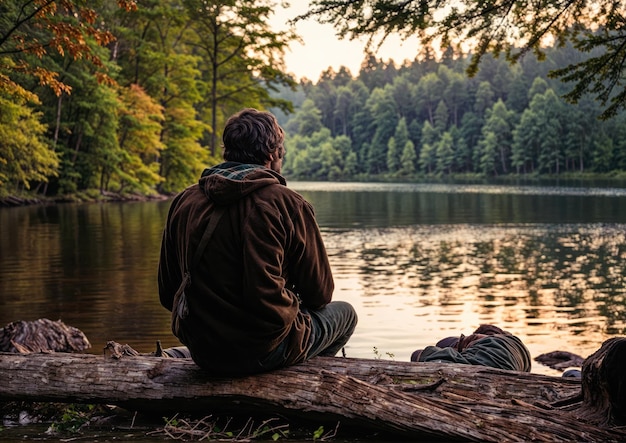 Homem sentado em um tronco ao lado do lago na floresta ao pôr do sol