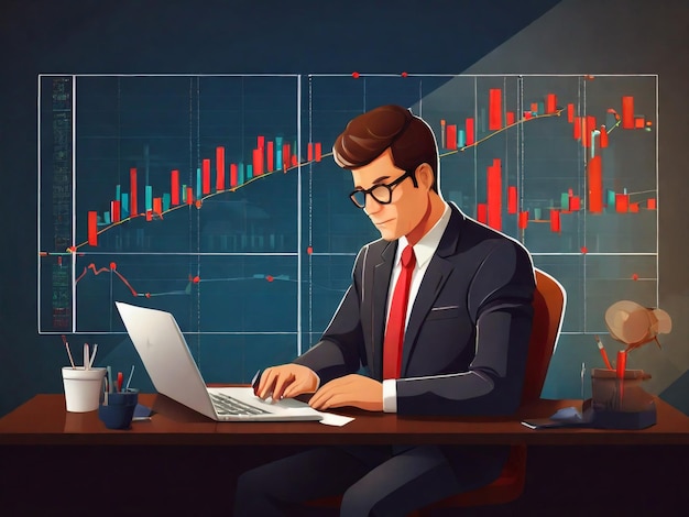 Homem sentado em uma mesa com computadores no escritório Comerciante de ações ou corretor olhando para várias telas com gráficos financeiros e de mercado Ilustração vetorial plana Conceito de análise econômica e de negócios