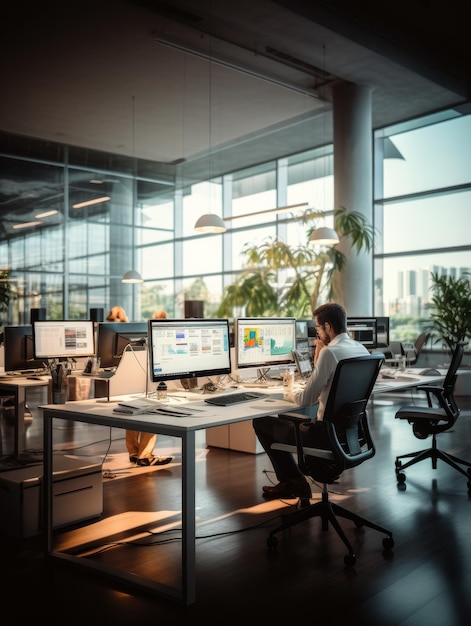 Homem sentado em uma mesa com dois monitores de computador