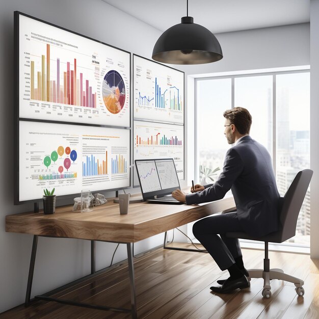 Foto homem sentado em uma mesa com um laptop e um monitor